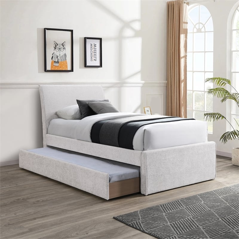 Meridian Furniture Myles Cream Chenille Fabric Twin Trundle Bed