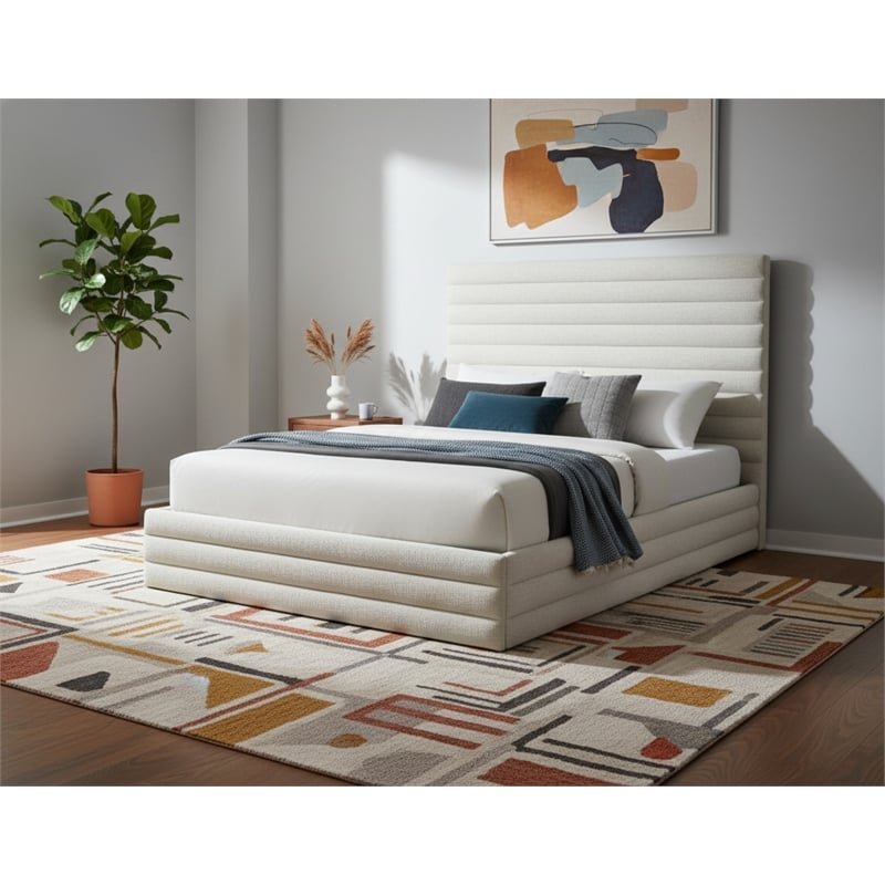 Meridian Furniture Maxwell Cream Linen Textured Fabric Queen Bed
