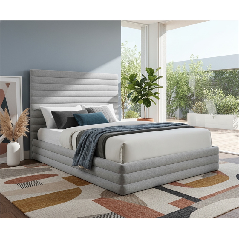 Meridian Furniture Maxwell Grey Linen Textured Fabric Queen Bed
