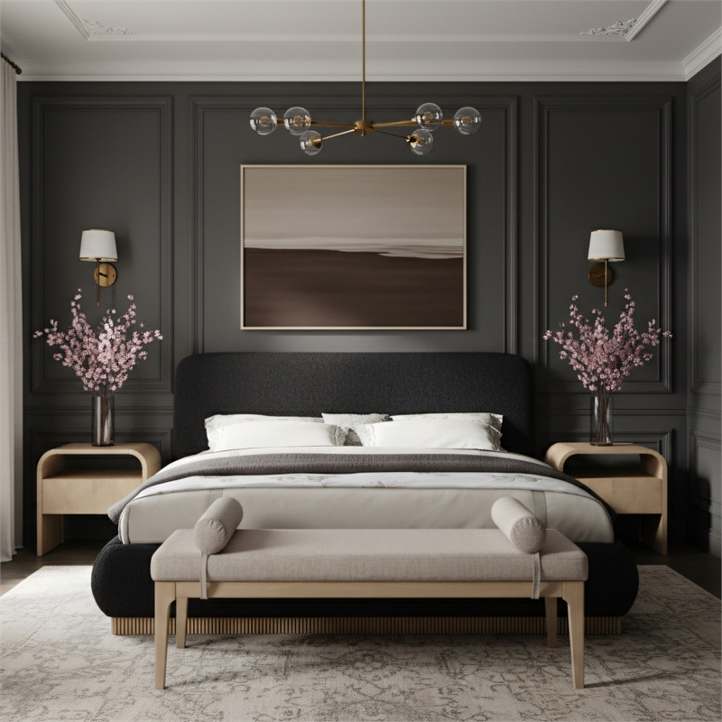 Meridian Furniture Rigby Black Boucle Fabric King Bed