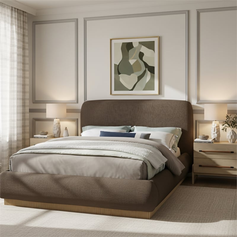 Meridian Furniture Rigby Brown Linen Textured Fabric Queen Bed