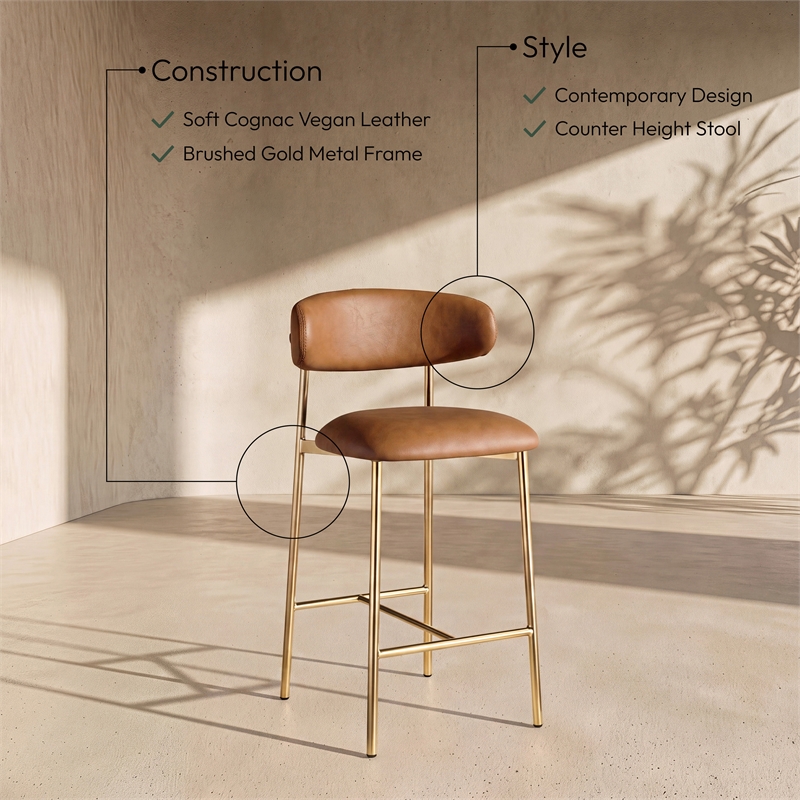 Meridian Furniture Lupita Cognac Vegan Leather Counter Stool (Set of 2)
