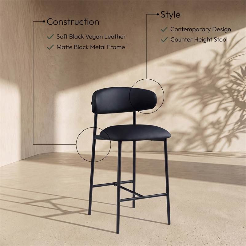 Meridian Furniture Lupita Black Vegan Leather Counter Stool (Set of 2)