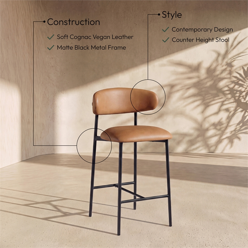 Meridian Furniture Lupita Cognac Vegan Leather Counter Stool (Set of 2)