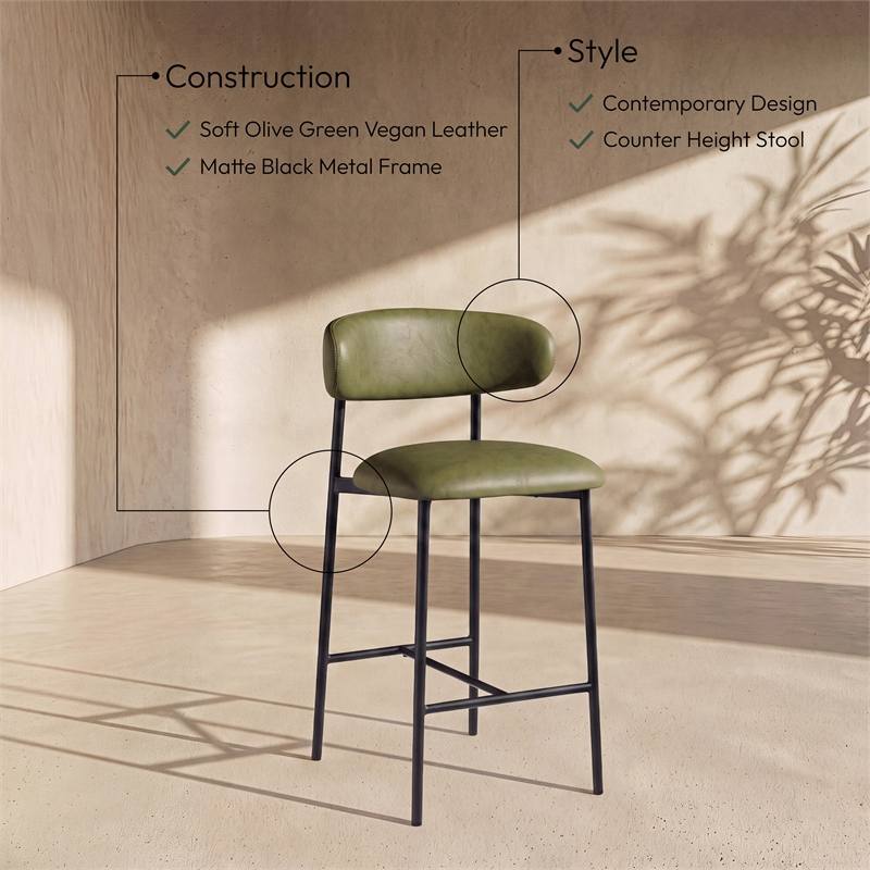 Meridian Furniture Lupita Olive Vegan Leather Counter Stool (Set of 2)