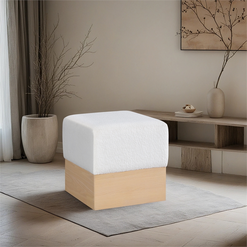 Meridian Furniture Havre Cream Velour Fur Fabric Ottoman/Stool