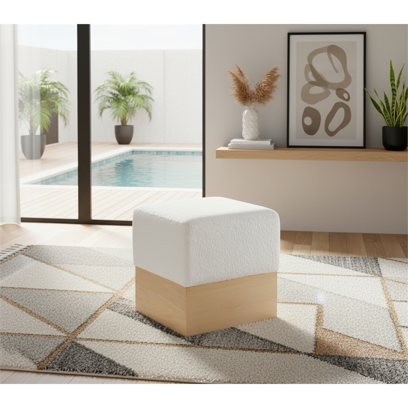 Meridian Furniture Havre Cream Velour Fur Fabric Ottoman/Stool
