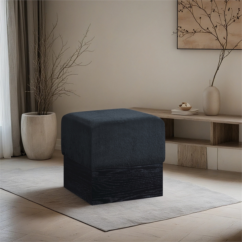 Meridian Furniture Havre Black Velour Fur Fabric Ottoman/Stool