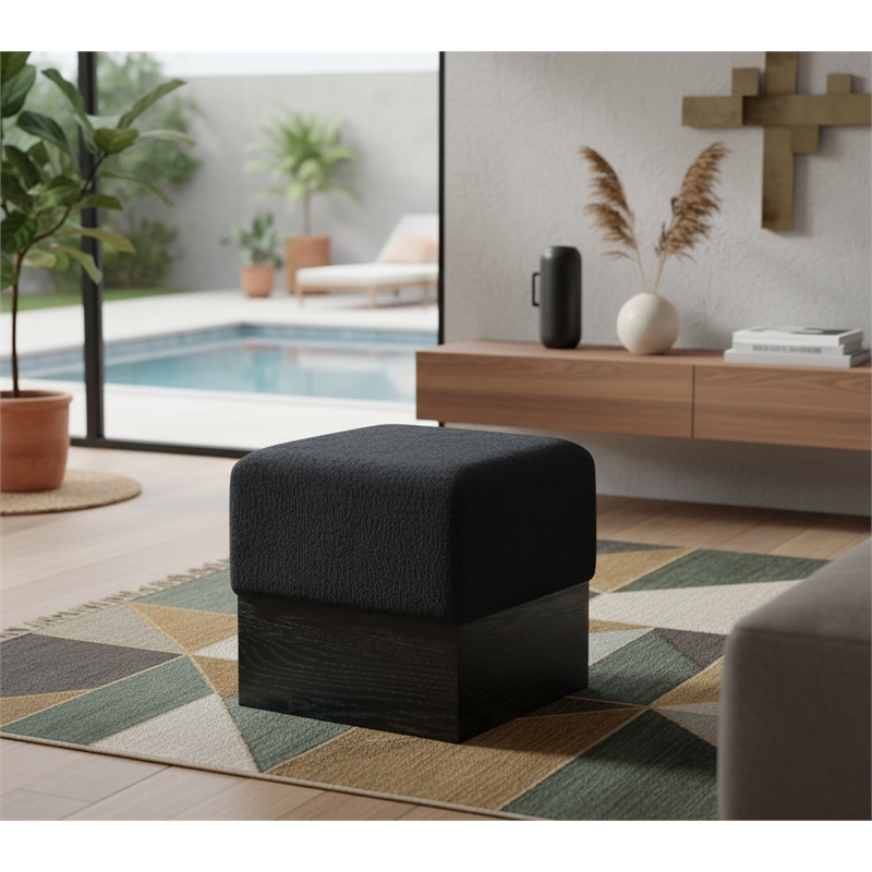 Meridian Furniture Havre Black Velour Fur Fabric Ottoman/Stool