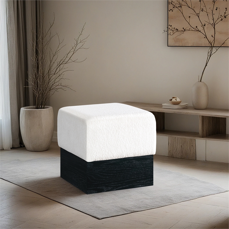Meridian Furniture Havre Cream Velour Fur Fabric Ottoman/Stool