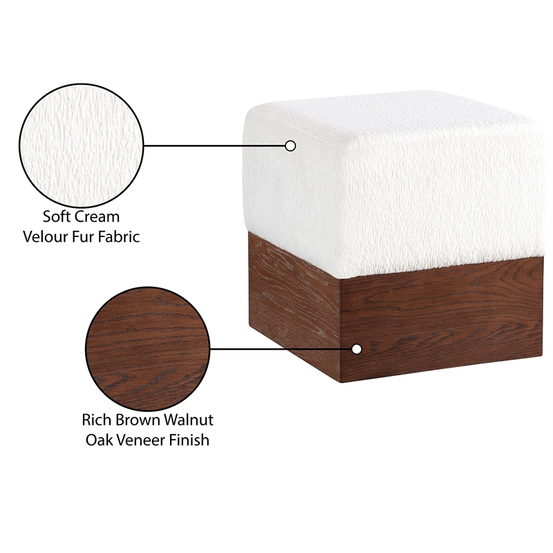 Meridian Furniture Havre Cream Velour Fur Fabric Ottoman/Stool