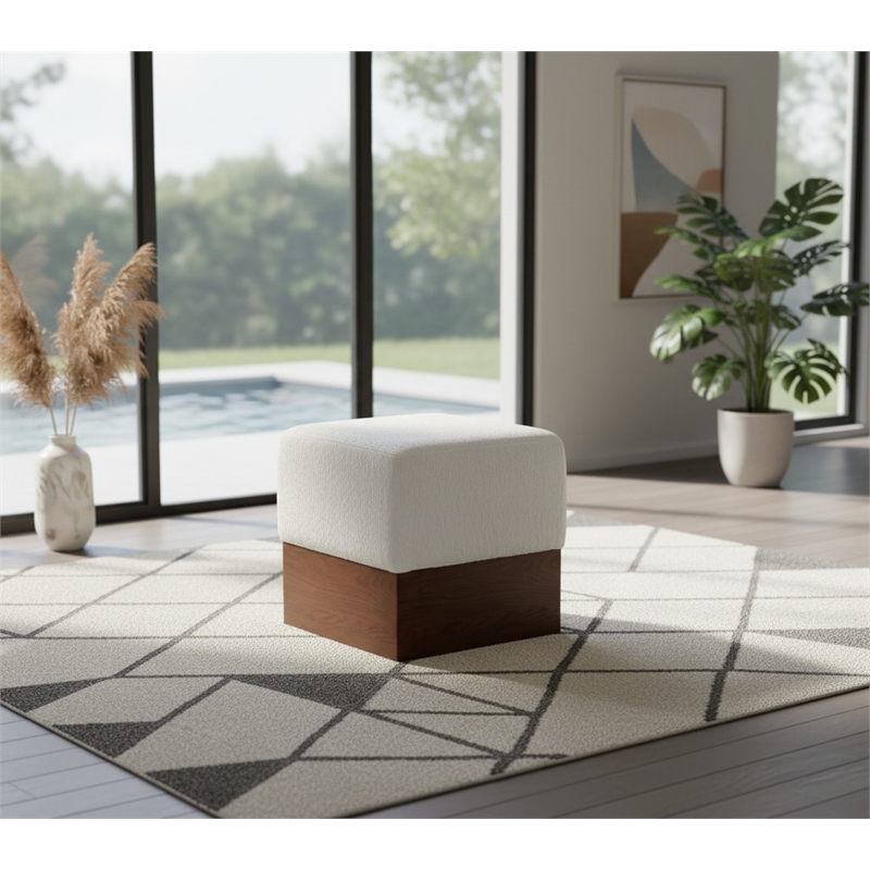 Meridian Furniture Havre Cream Velour Fur Fabric Ottoman/Stool