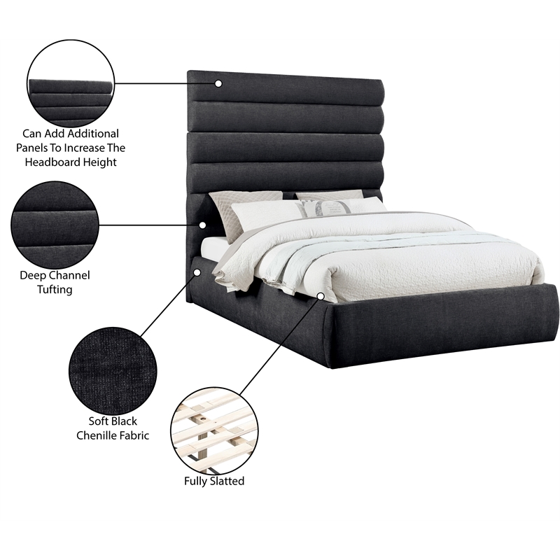 Meridian Furniture Adam Black Chenille Fabric Queen Bed