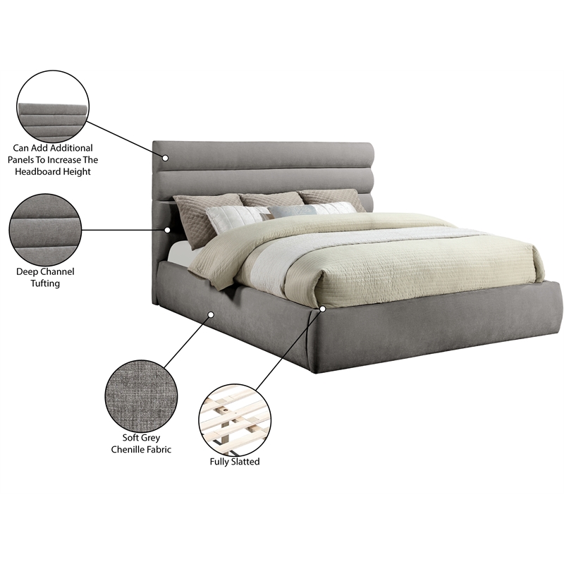 Meridian Furniture Adam Grey Chenille Fabric King Bed