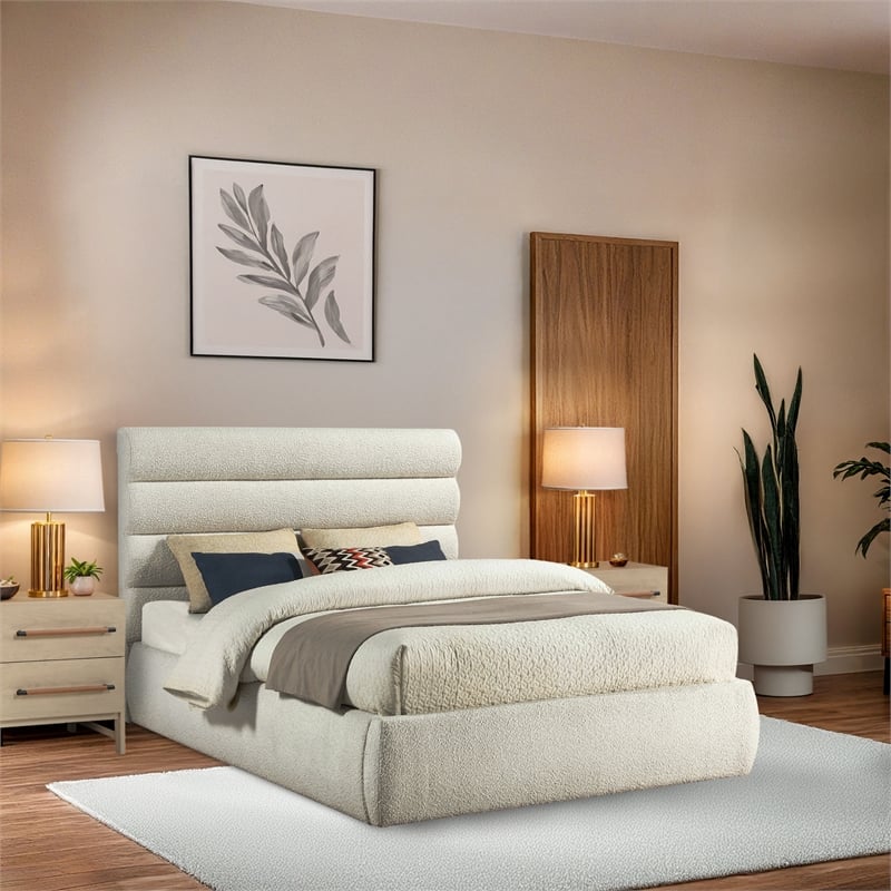 Meridian Furniture Adam Cream Boucle Fabric Queen Bed