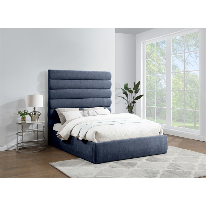 Meridian Furniture Adam Navy Chenille Fabric Queen Bed