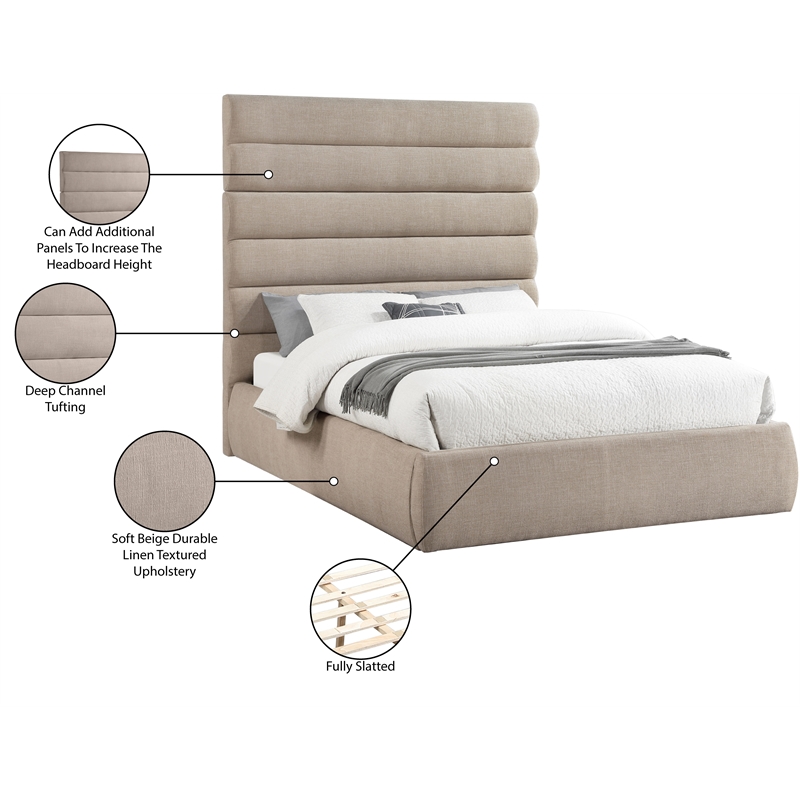 Meridian Furniture Adam Beige Linen Textured Fabric Queen Bed