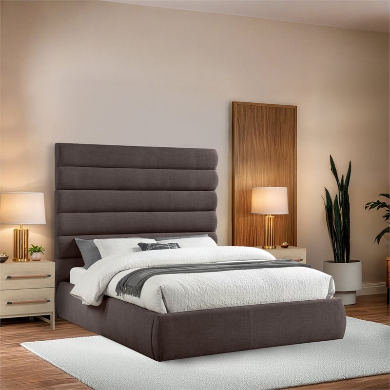 Meridian Furniture Adam Brown Linen Textured Fabric Queen Bed