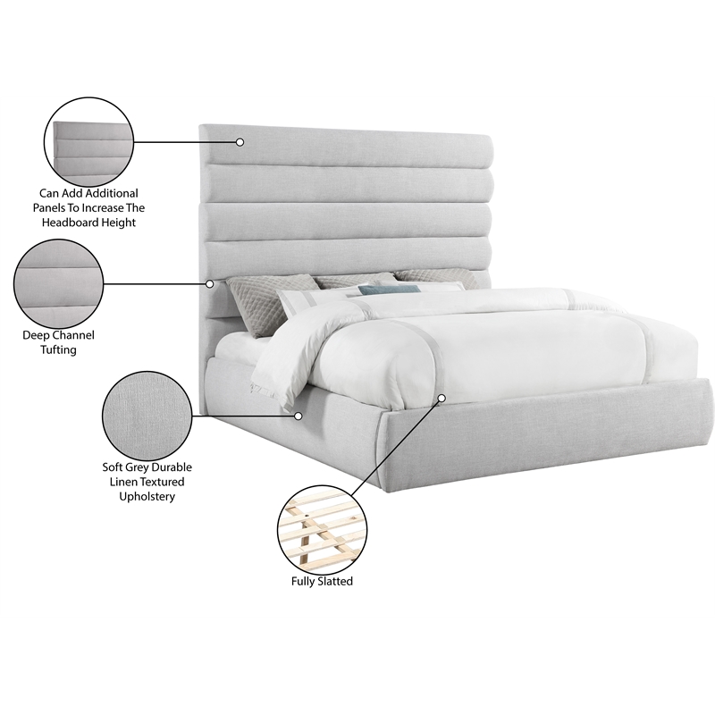 Meridian Furniture Adam Grey Linen Textured Fabric King Bed