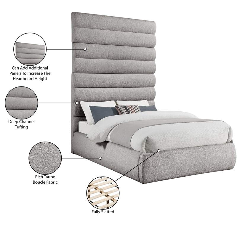 Meridian Furniture Adam Taupe Boucle Fabric Queen Bed