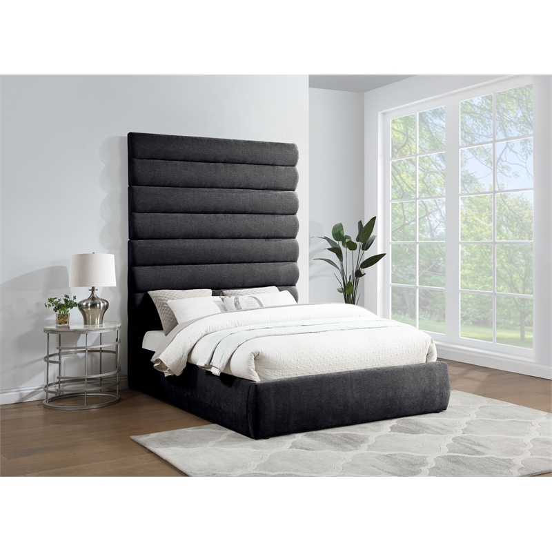 Meridian Furniture Adam Black Chenille Fabric Queen Bed