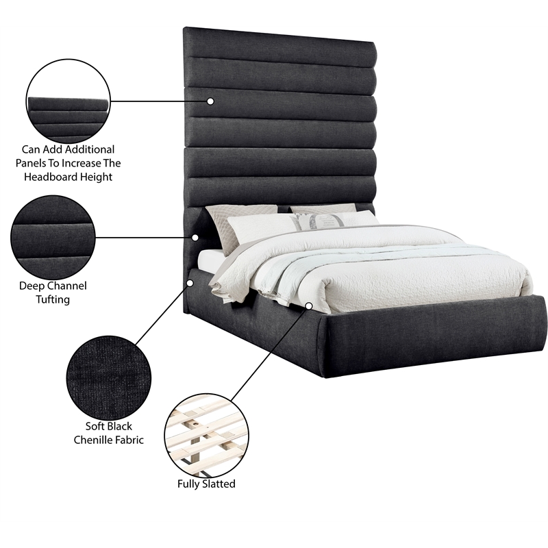 Meridian Furniture Adam Black Chenille Fabric Queen Bed