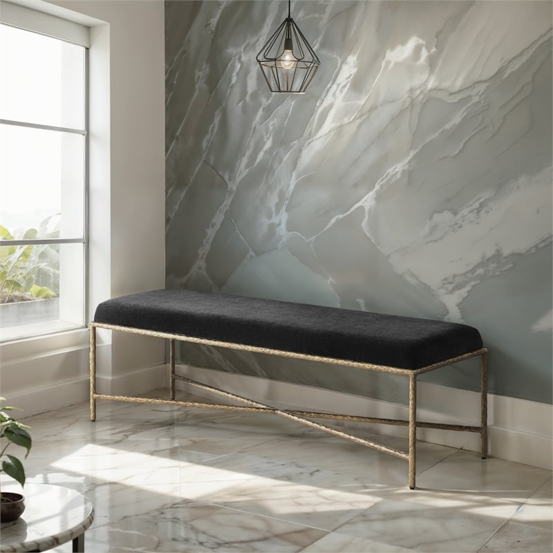 Meridian Furniture Valley Black Chenille Fabric Bench