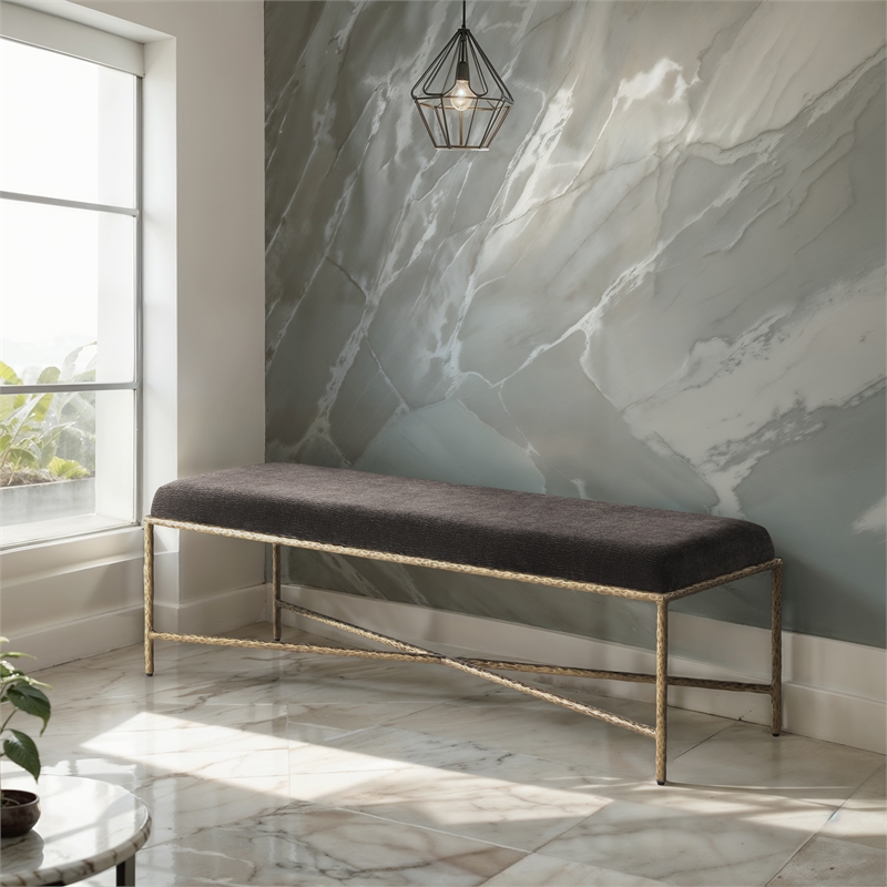 Meridian Furniture Valley Brown Chenille Fabric Bench