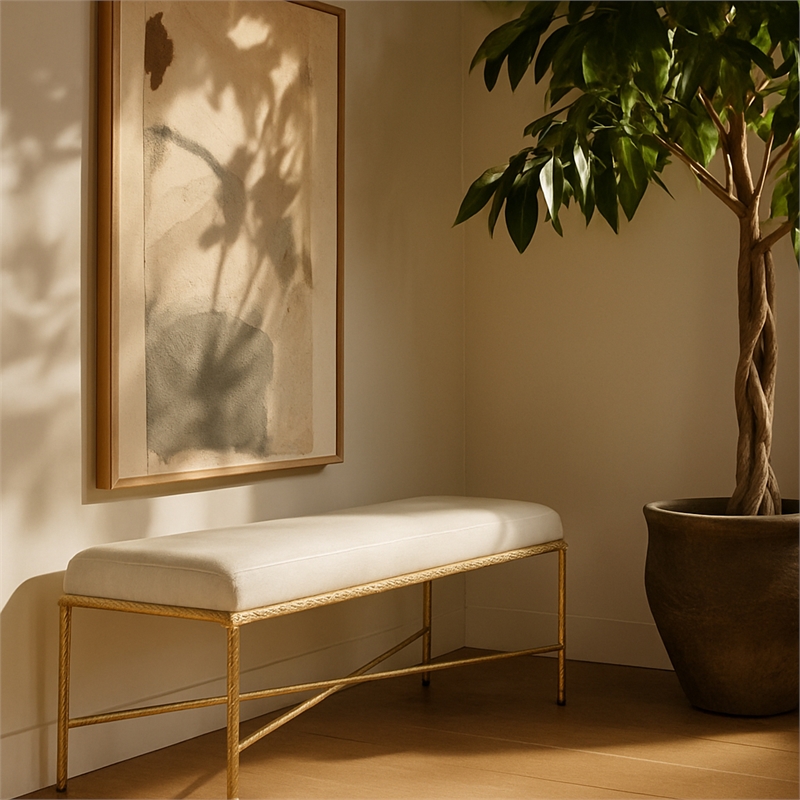 Meridian Furniture Valley Cream Chenille Fabric Bench