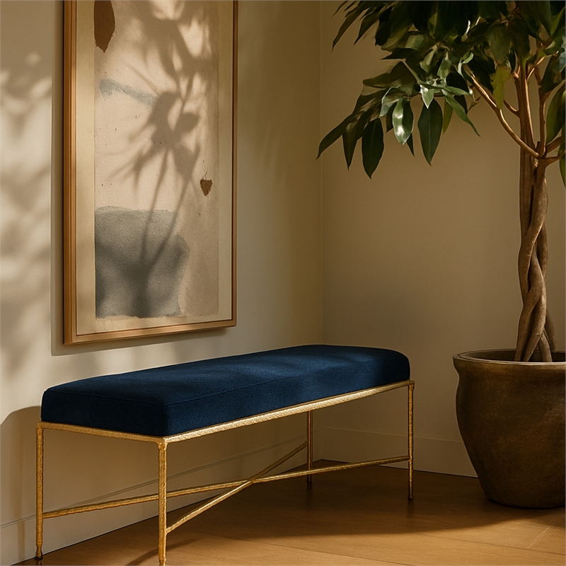 Meridian Furniture Valley Navy Chenille Fabric Bench