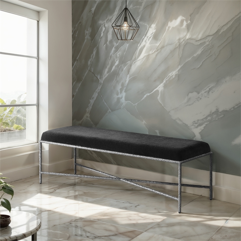 Meridian Furniture Valley Black Chenille Fabric Bench