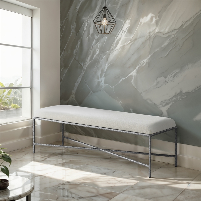 Meridian Furniture Valley Cream Chenille Fabric Bench