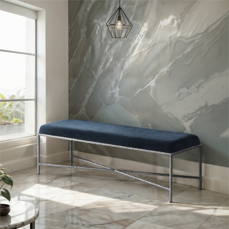 Meridian Furniture Valley Navy Chenille Fabric Bench