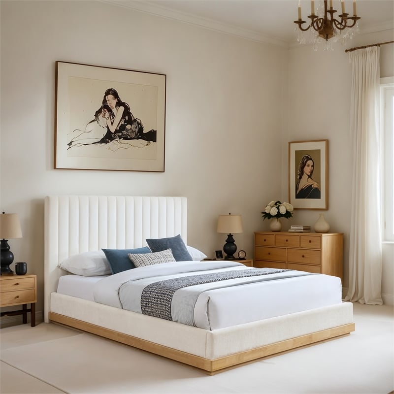 Meridian Furniture Emmet Cream Chenille Fabric Queen Bed