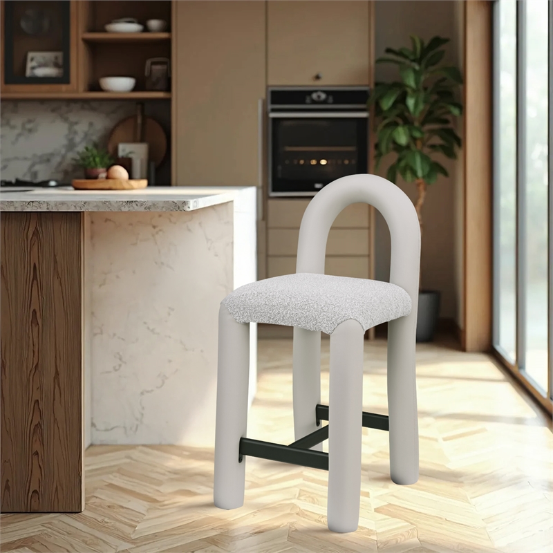 Meridian Furniture Amari Taupe Boucle Fabric and Vegan Leather Stool