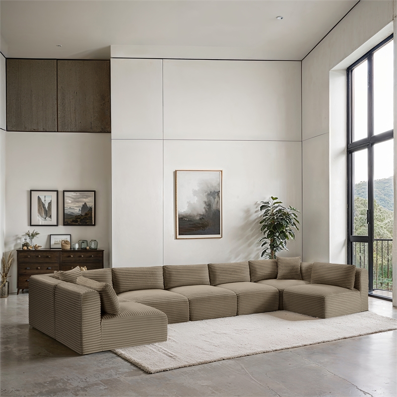 Meridian Furniture 7-Piece Taupe Corduroy Performance Fabric Modular Sectional