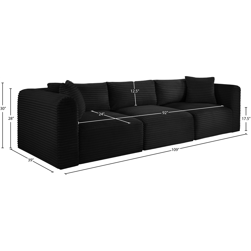 Meridian Furniture 3-Piece Black Corduroy Performance Fabric Modular Sofa