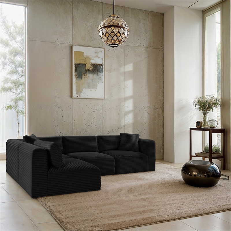 Meridian Furniture 4-Piece Black Corduroy Performance Fabric Modular Sectional