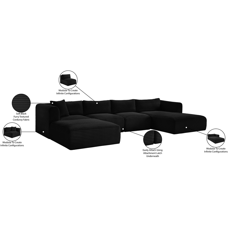 Meridian Furniture 5-Piece Black Corduroy Performance Fabric Modular Sectional
