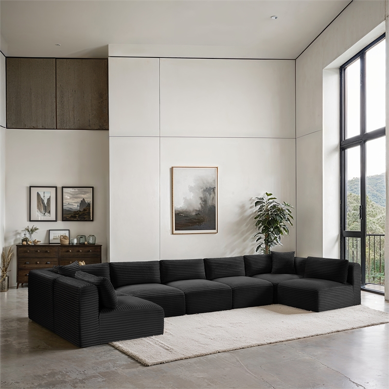 Meridian Furniture 7-Piece Black Corduroy Performance Fabric Modular Sectional