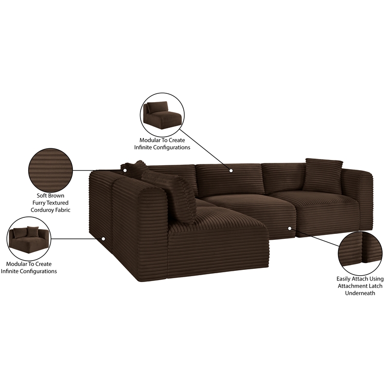 Meridian Furniture 4-Piece Brown Corduroy Performance Fabric Modular Sectional