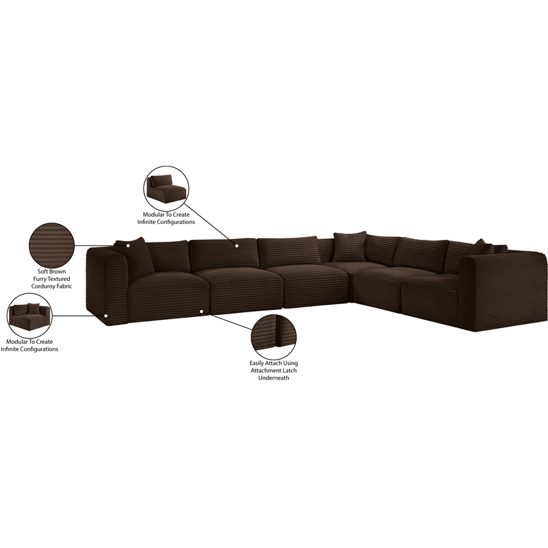 Meridian Furniture 6-Piece Brown Corduroy Performance Fabric Modular Sectional