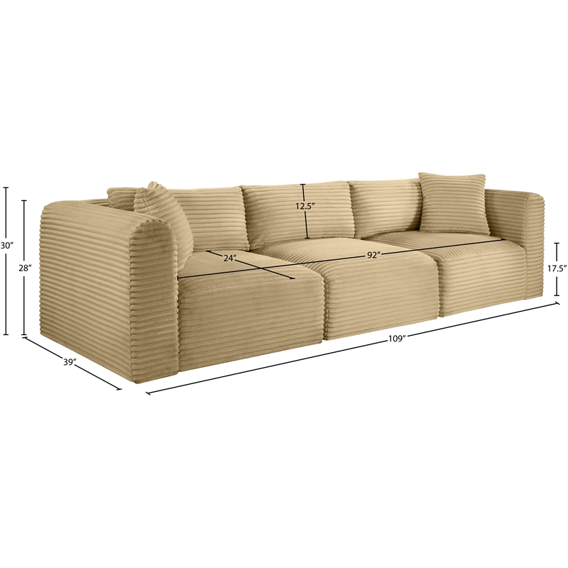 Meridian Furniture 3-Piece Camel Corduroy Performance Fabric Modular Sofa