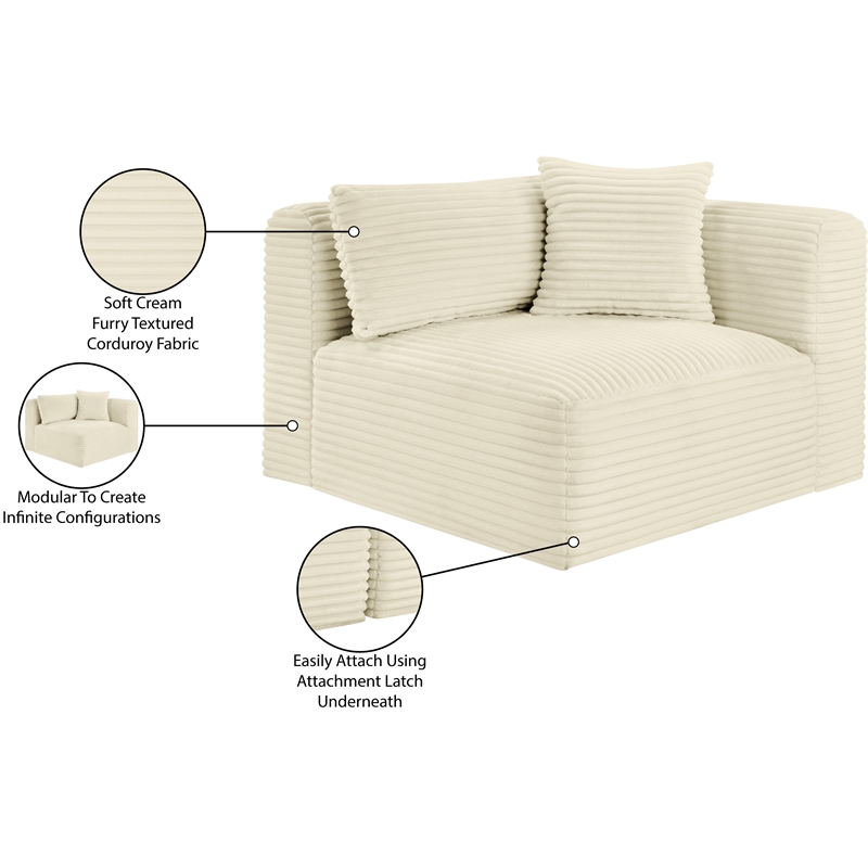 Meridian Furniture Shaggy Cream Corduroy Performance Fabric Corner Chair