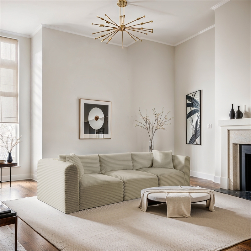 Meridian Furniture 3-Piece Cream Corduroy Performance Fabric Modular Sofa