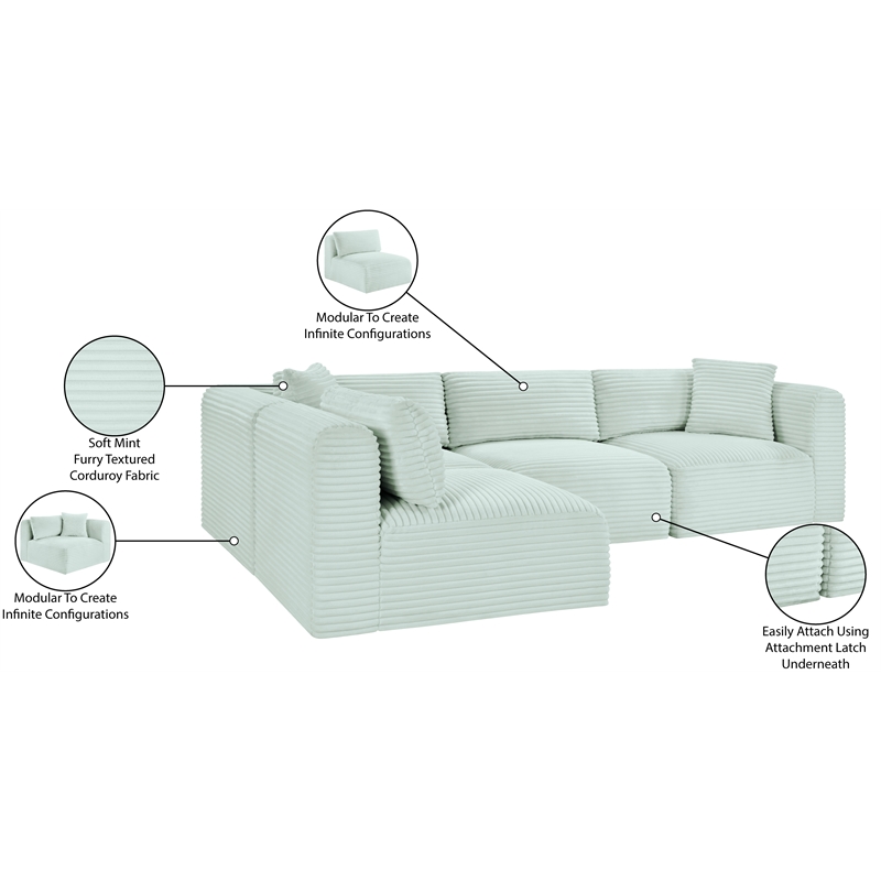 Meridian Furniture 4-Piece Mint Corduroy Performance Fabric Modular Sectional