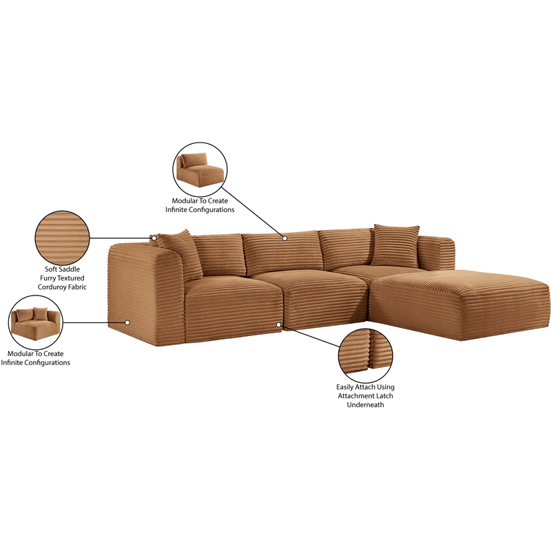 Meridian Furniture 4-Piece Saddle Corduroy Performance Fabric Modular Sectional