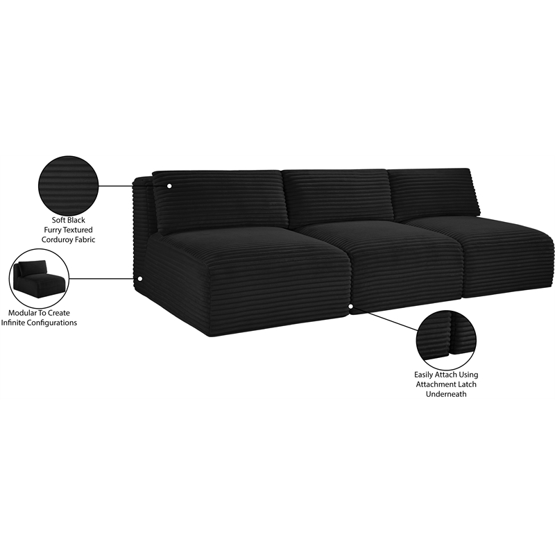 Meridian Furniture 3-Piece Black Corduroy Performance Fabric Modular Sofa