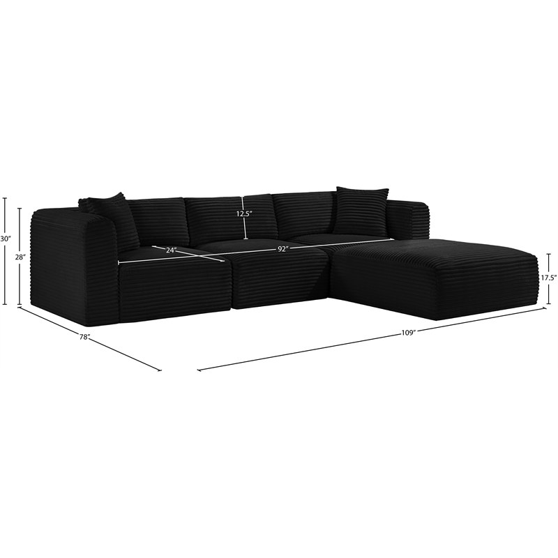Meridian Furniture 4-Piece Black Corduroy Performance Fabric Modular Sectional