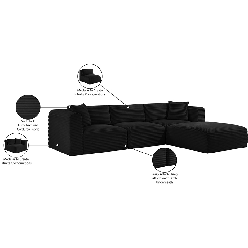 Meridian Furniture 4-Piece Black Corduroy Performance Fabric Modular Sectional